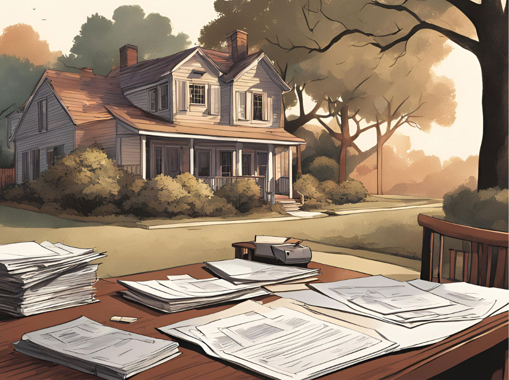 A Painting Of A House With Papers On A Table, Symbolizing Property Tax Reduction In Texas